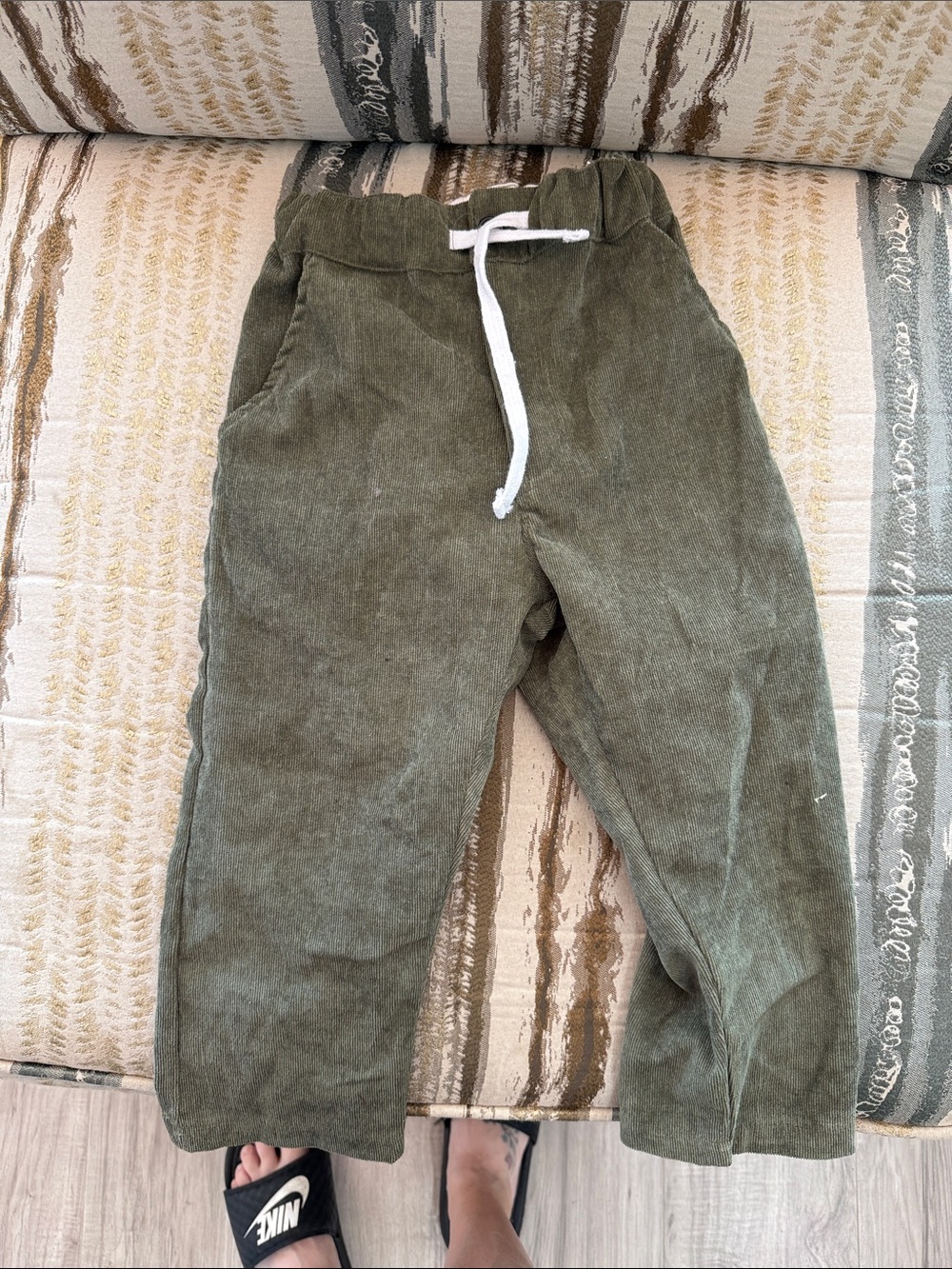 Kids Olive Green Corduroy Drawstring Pants
